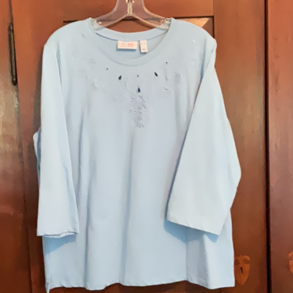 Denim&Co Sky Blue Embroidered Blouse